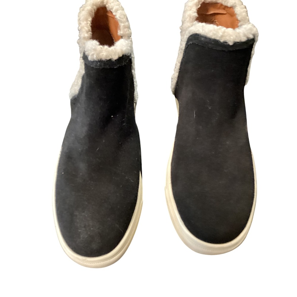 Lucky Brand Black Suede Faux Shearling Trim Slip On Sneakers Booties Womens 7.5